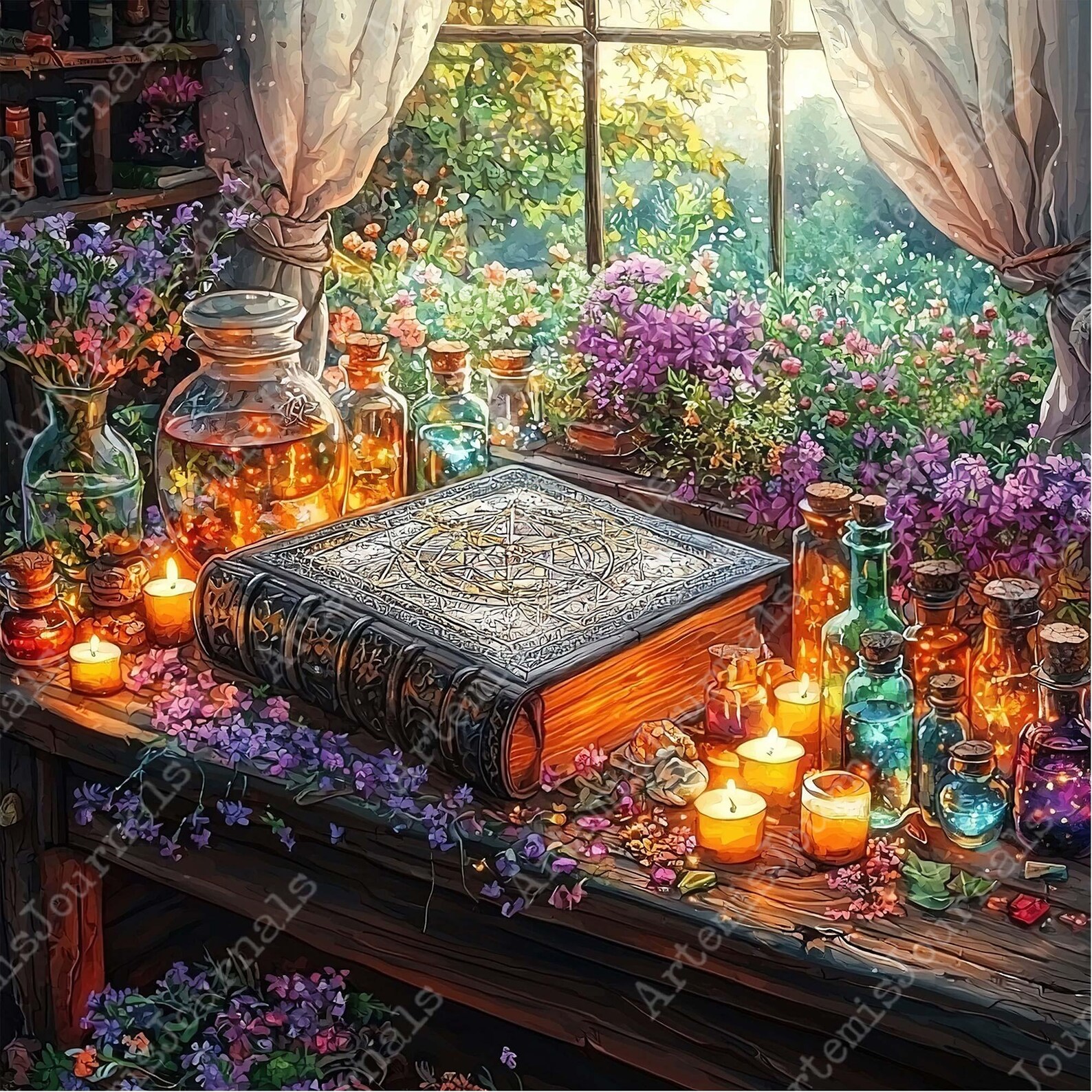 Spelltable Background JPEG Whimsical Witch Corner Background Spell Book Potion Window Digital ...