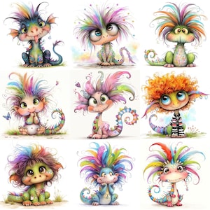May include: Nine whimsical illustrations of colorful cartoon dragons. Each dragon has large eyes, a playful expression, and vibrant, multi-colored hair. The dragons are in various poses, with details like striped tails and button accents.