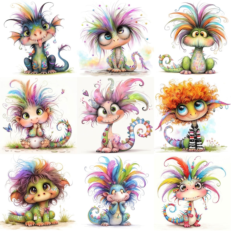 May include: Nine whimsical illustrations of colorful cartoon dragons. Each dragon has large eyes, a playful expression, and vibrant, multi-colored hair. The dragons are in various poses, with details like striped tails and button accents.