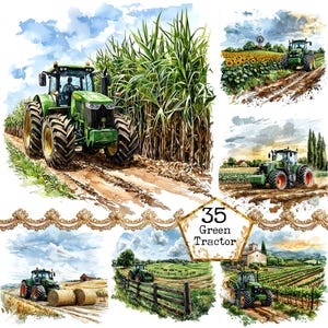 Könnte beinhalten: Eine Collage aus fünf Aquarellen mit grünen Traktoren in verschiedenen ländlichen Umgebungen. Die Traktoren fahren durch Felder mit Sonnenblumen, Zuckerrohr, Heuballen und Weinbergen. Der Text "35 Green Tractor" ist in der Mitte der Collage zu sehen.