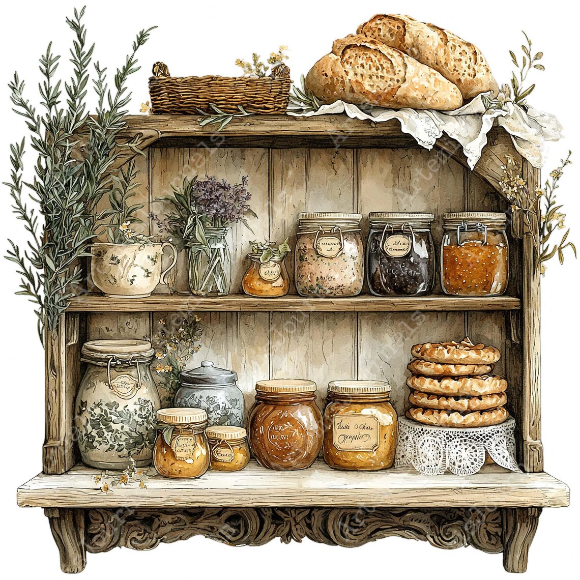 PNG + JPEG Watercolor Vintage Kitchen Cabinet Clipart Bundle Rustic ...