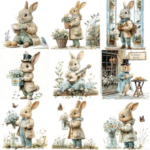 a series of pictures of a rabbit playing a guitar