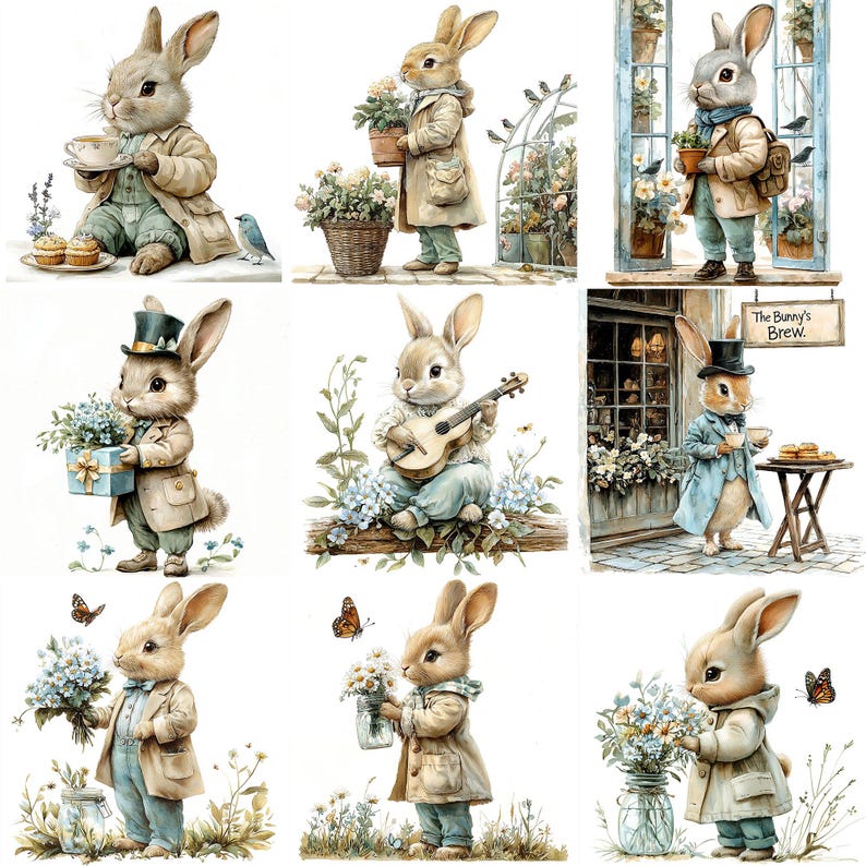 a series of pictures of a rabbit playing a guitar
