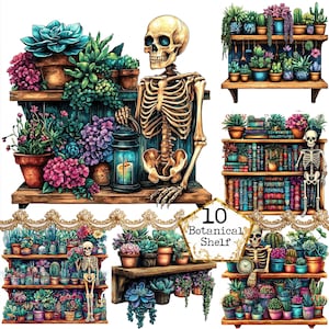 JPEG Psychedelic Pflanzen auf Regalen Clipart Bundle Skelett Clipart Sofort-Download Papier Handwerk Junk Journal Scrapbooking