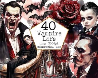 Akvarell gotisk vampyr bunt Clipart - mörk fantasy akvarell, viktoriansk vampyr transparent PNG-format direkt nedladdning kommersiell användning