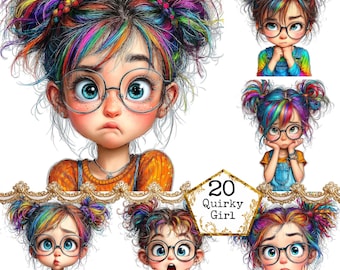 Quirky Girl - Clipart Bundle Whimsical Rainbow Girl Instant Download Paper Crafts Junk Journal Scrapbooking