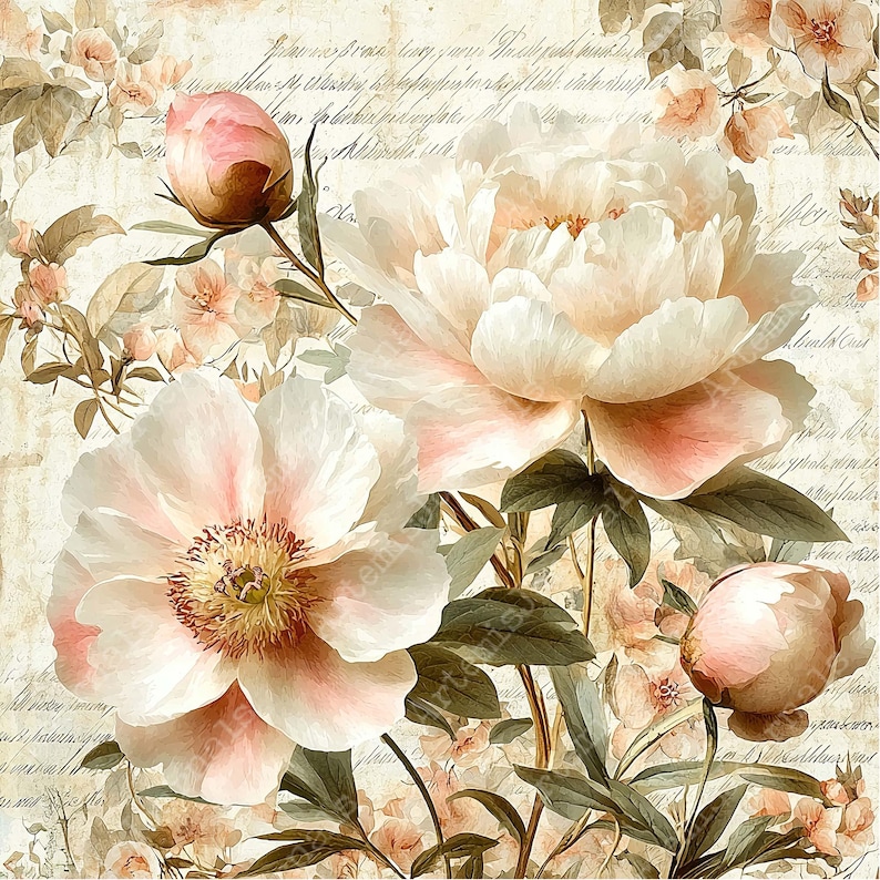 JPEG Scrapbook Peonies Digital Papers Pack 12x12 Inches Weathered ...