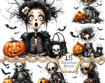 May include: A set of 15 digital images featuring a skeleton witch with black hair and a black dress, holding a pumpkin and a bag. The images are perfect for Halloween crafts and projects.