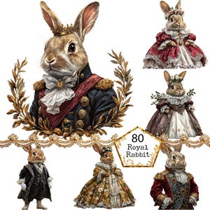 PNG + JPEG Acquerello Vintage Royal Rabbit Clipart Bundle Coniglietto in un vestito Personaggio Download immediato Artigianato di carta Diario spazzatura Scrapbooking