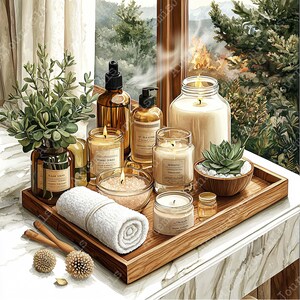 May include: A wooden tray with a white towel, candles, and essential oil bottles. The candles are in various sizes and shapes, and the essential oil bottles are clear glass with brown labels. The tray is on a wooden table.