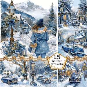 JPEG acuarela Shabby Chic Vintage viaje ilustración paquete JPEG Navidad Descarga instantánea artesanías de papel diario basura Scrapbooking