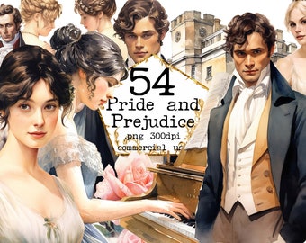 Watercolor Pride and Prejudice Clipart Bundle, Printable Jane Austen Art, Regency PNG, Scrapbook, Junk Journal, Paper Crafts, Scrapbooking