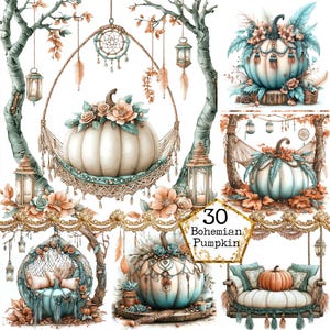 Bundle de cliparts citrouille bohème pastel à usage commercial citrouille d'automne citrouille confortable téléchargement immédiat papier artisanat indésirable journal Scrapbooking