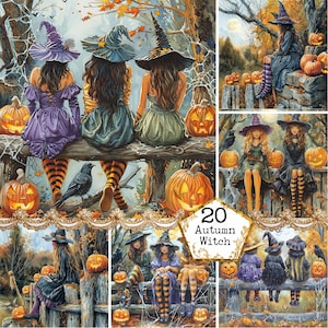 JPEG drei Hexen Bundle Clipart Kürbis Wald Zaun Rabe digitaler Download kommerzielle Scrapbook Junk Journal Papier Handwerk Scrapbooking