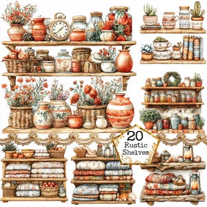 JPEG aquarelle rustique étagères Clipart Bundle étagère confortable Clipart Cottagecore art téléchargement immédiat papier artisanat indésirable journal Scrapbooking