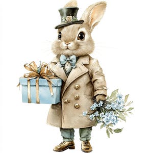 a watercolor painting of a rabbit holding a gift
