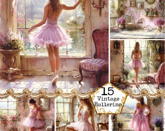 JPEG acuarela Shabby Chic Ballerina JPEG Descarga instantánea Interiores Clipart Shabby Chic Fondos Papel Artesanía Junk Journal Scrapbooking