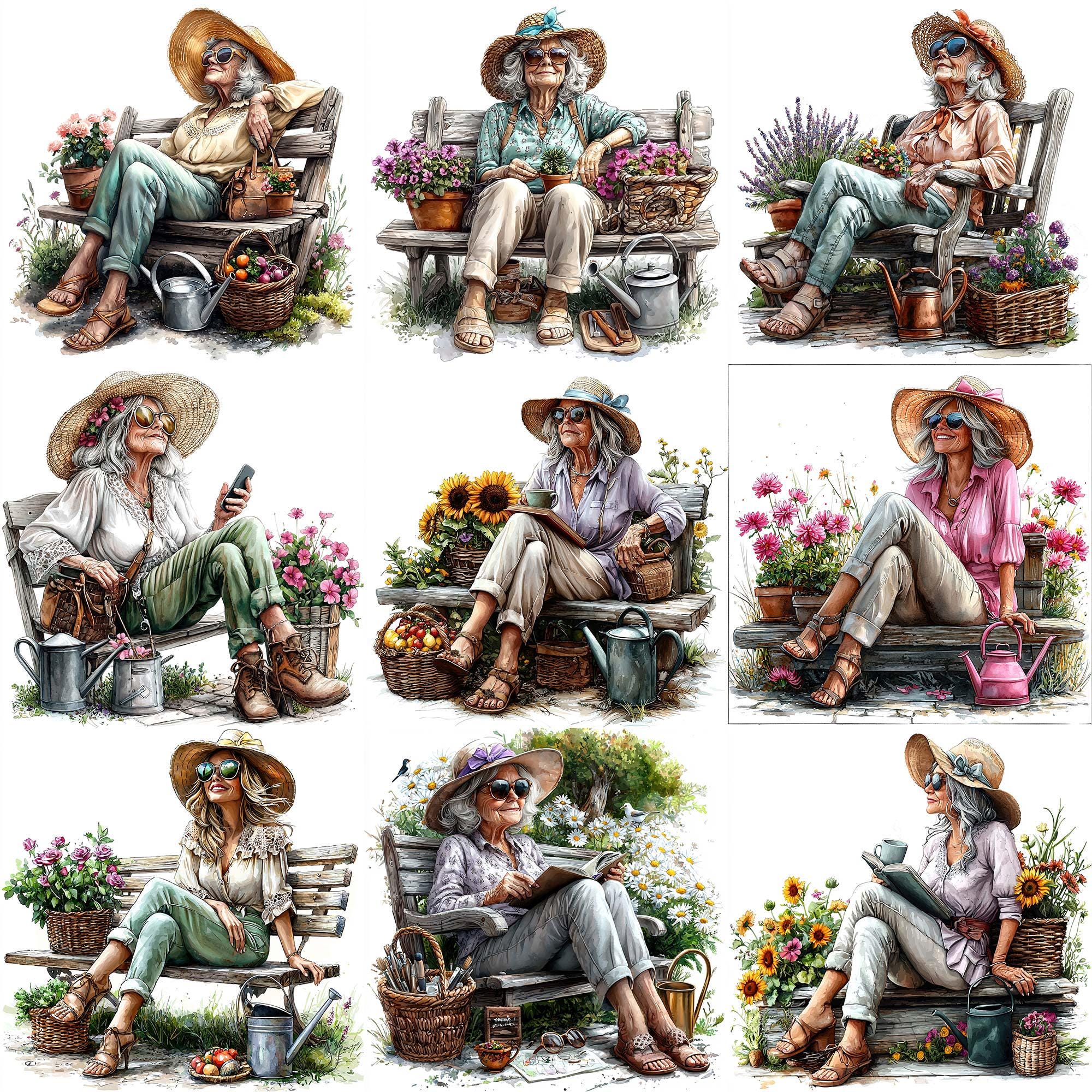JPEG Senior Lady Gardening Clipart Bundle Garden Bench Watercolor ...