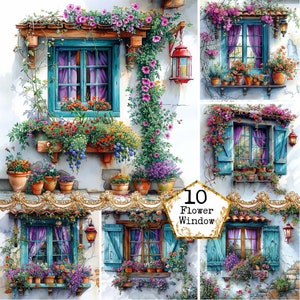 JPEG kleurrijke platteland bloemen venster clipart bundel commercieel gebruik digitaal papier Instant Download papier ambachten ongewenste dagboek scrapbooking
