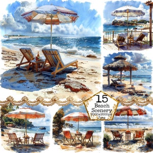 Espreguiçadeiras em aquarela com guarda-chuva Praia Clipart JPEG Oceano Clipart Holliday JPEG Download instantâneo Artesanato em papel Junk Journal Scrapbooking