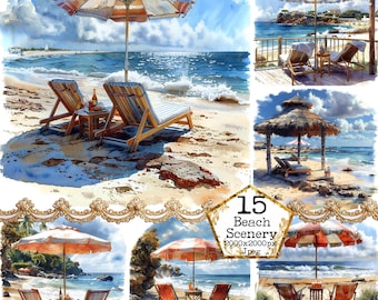 Watercolor Deck Chairs with Umbrella Beach Clipart JPEG Ocean Clipart Holliday JPEG Instant Download Paper Crafts Junk Journal Scrapbooking