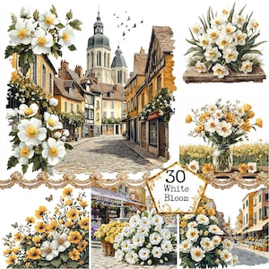 JPEG Watercolor White Spring Flowers Graphics Bouquet Clipart Spring Landscape Images Instant Download Paper Craft Junk Journal Scrapbooking