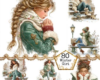 Watercolor Winter Girl - Watercolor Clipart Bundle JPEG Paper Crafts Junk Journal Scrapbooking