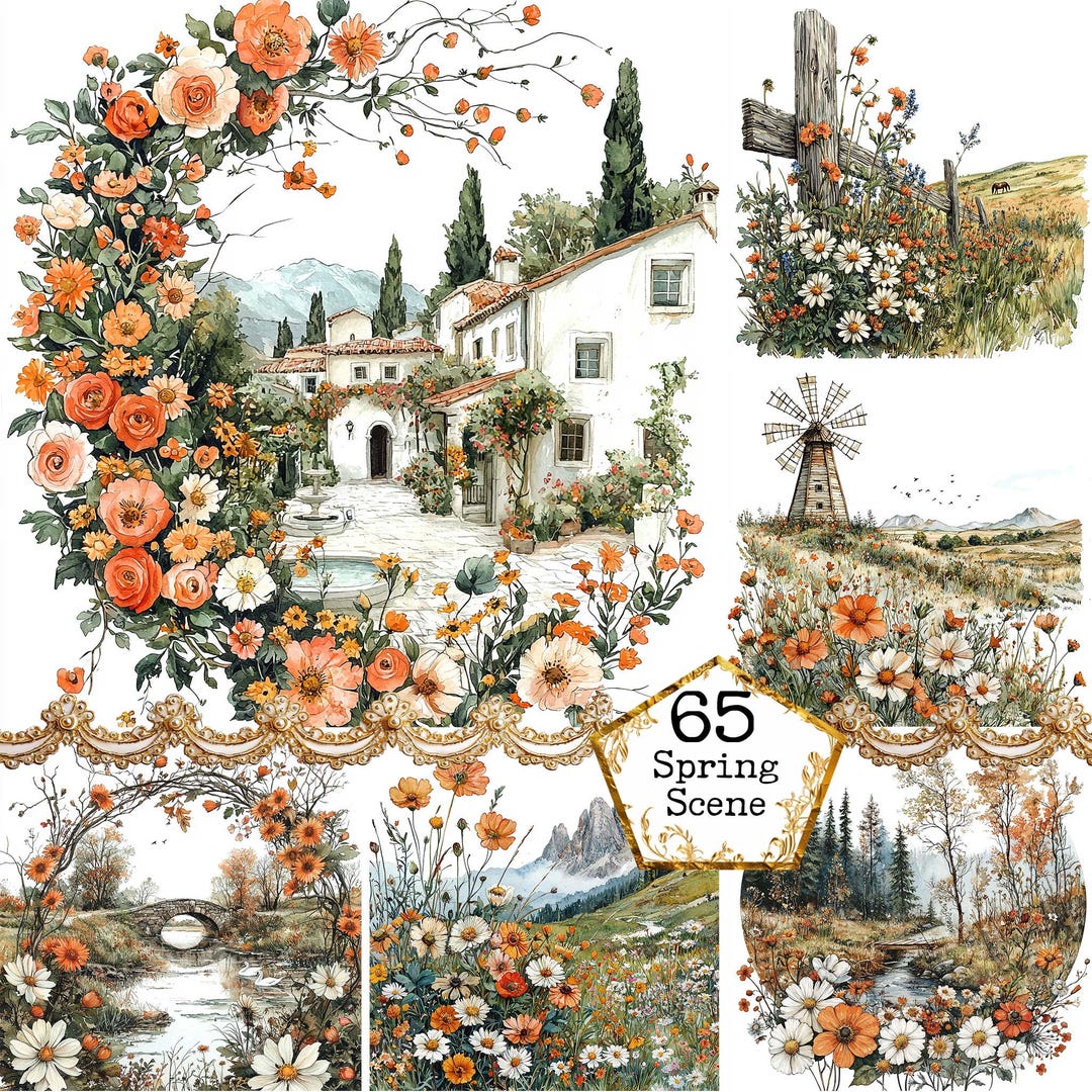 JPEG Watercolor Spring Floral Scenes Clipart Bundle Spring Flowers ...