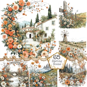 JPEG Aquarelle de scènes florales de printemps Bundle de cliparts Fleurs de printemps Clipart paysage Téléchargement instantané Papier Artisanat indésirable Journal Scrapbooking