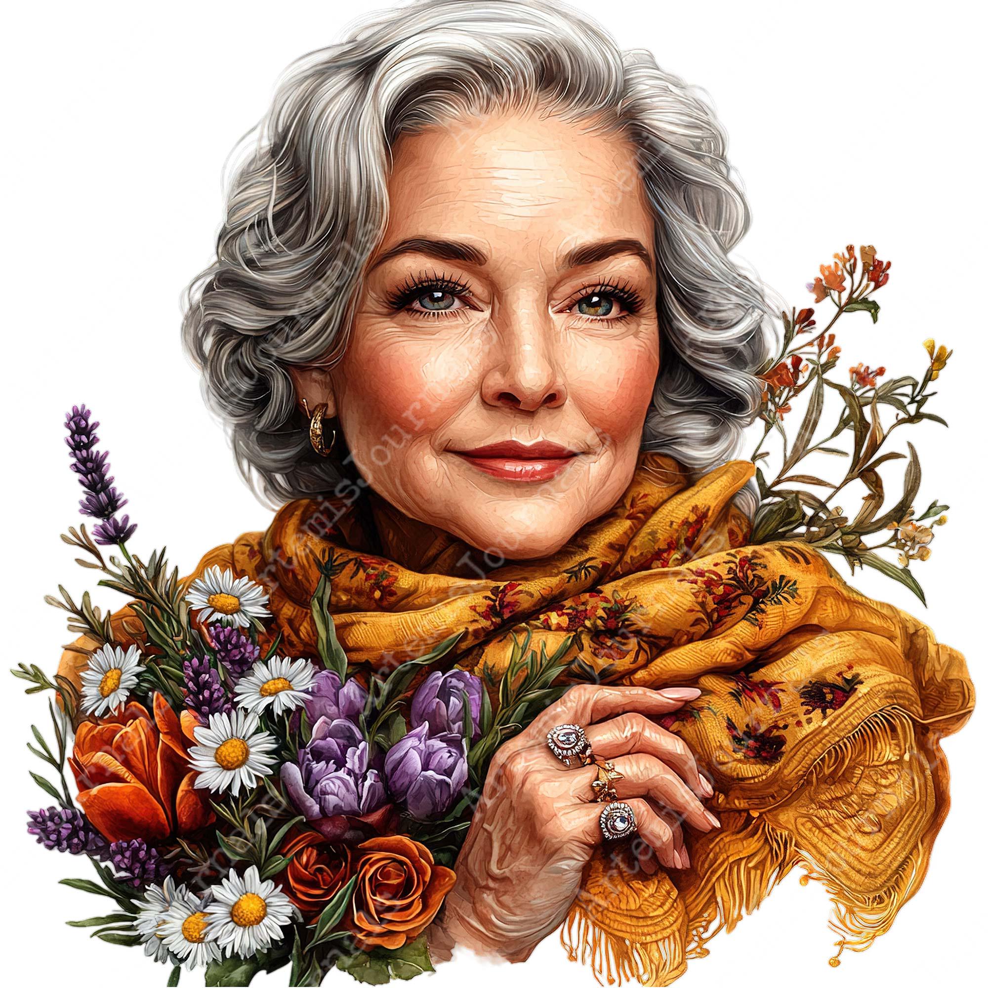 PNG + JPEG Watercolor Elderly Woman With Flower Bouquet Clipart Bundle ...