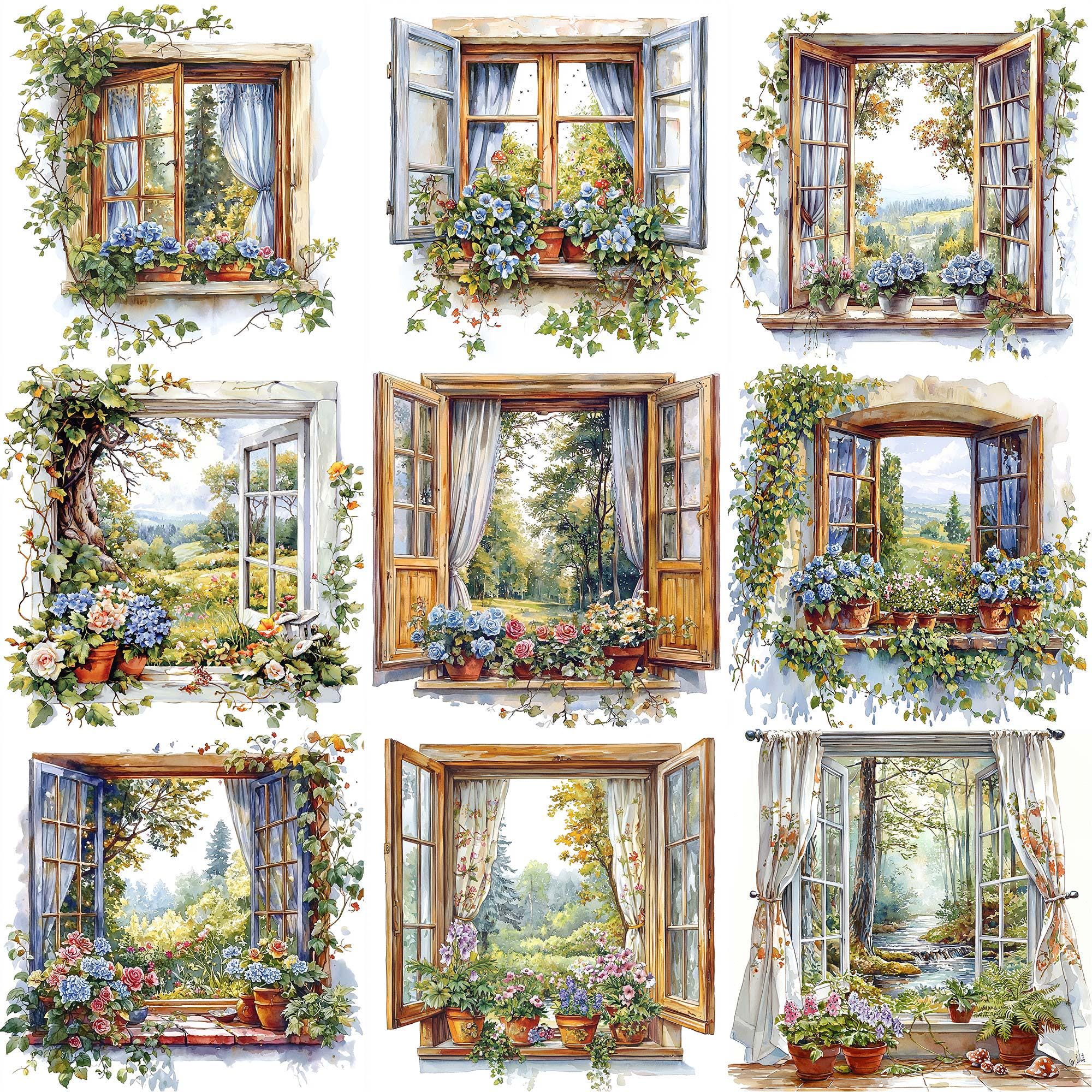 JPEG Watercolor Floral Window Clipart Bundle Spring Autumn Winter ...
