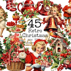 Paquete de imágenes prediseñadas navideñas retro grande PNG, ilustración retro, litografía, manualidades de papel, creación de tarjetas, diario basura, álbumes de recortes