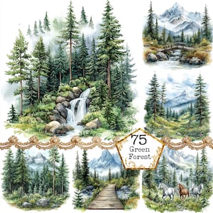 JPEG Acquerello Foresta di pini Clipart Bundle Foresta sempreverde Clipart Montagna Arte Download immediato Carta artigianale Diario spazzatura Scrapbooking