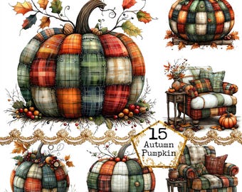 JPEG Plaid Pumpkin Clipart Bundle Fall Graphics Autumn Harvest Halloween Clipart Instant Download Paper Crafts Junk Journal Scrapbooking