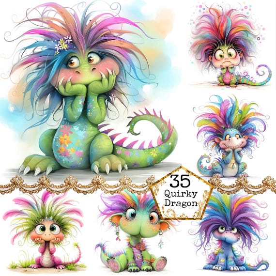 JPEG Whimsical Dragon Clipart Bundle Quirky Dragon Fantasy Rainbow Dragon  Instant Download Paper Crafts Junk Journal Scrapbooking