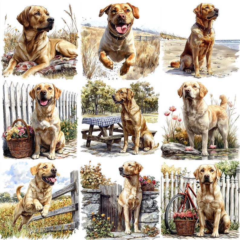 May include: Nine Labrador Retriever dogs in various poses, including sitting, standing, and jumping. The dogs are all golden in color and have black noses. The background is a variety of outdoor settings, including a park, a beach, and a forest.