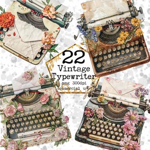 Vintage Typewriter Clipart Bundle Antique Clipart para uso comercial Victorian PNG Descarga instantánea Paper Crafts Junk Journal Scrapbooking