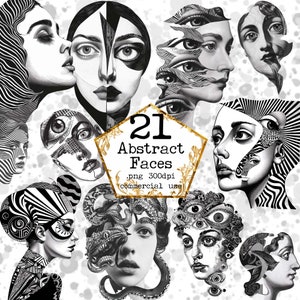 PNG Caras abstractas en blanco y negro Paquete de imágenes prediseñadas Gráficos retro Imágenes prediseñadas Monocromo Descarga instantánea Artesanías de papel Diario basura Scrapbooking