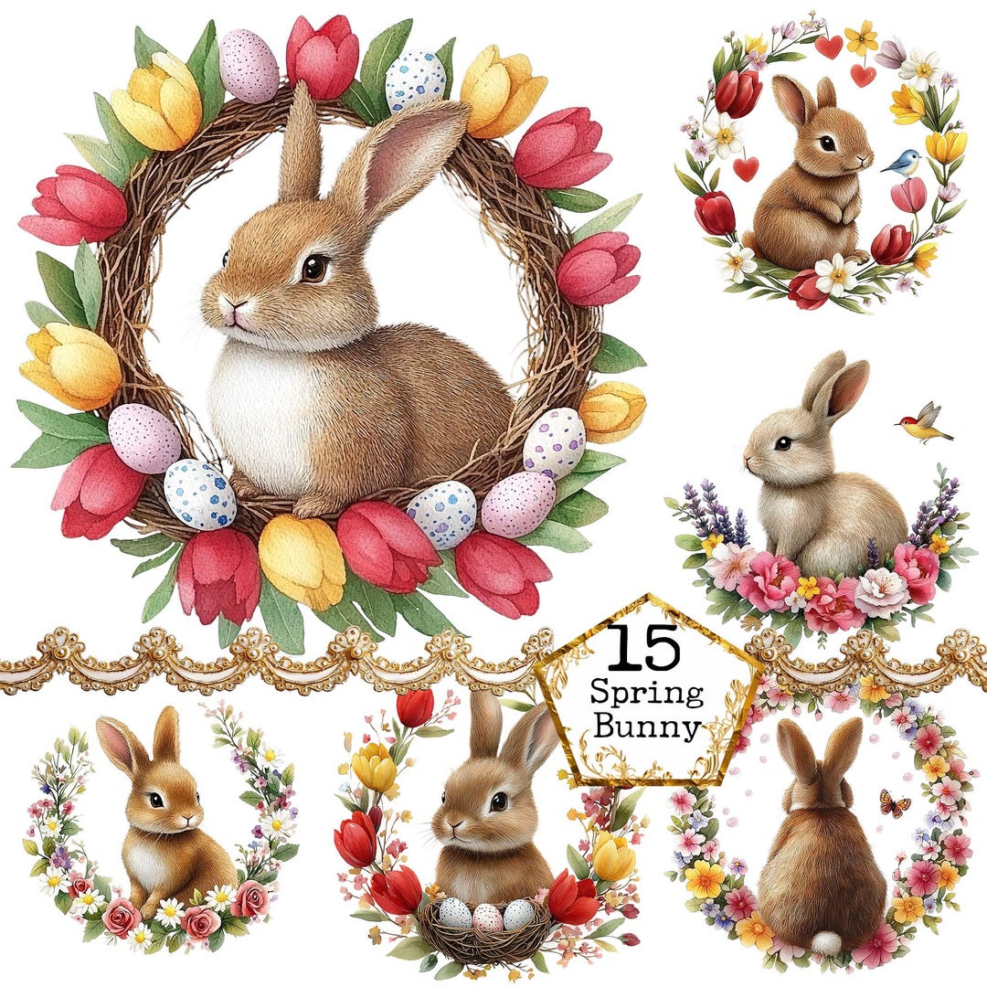 PNG + JPEG Watercolor Spring Floral Wreath With a Bunny Clipart Bundle ...