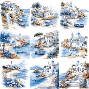 a painting of a bunch of houses on a beach