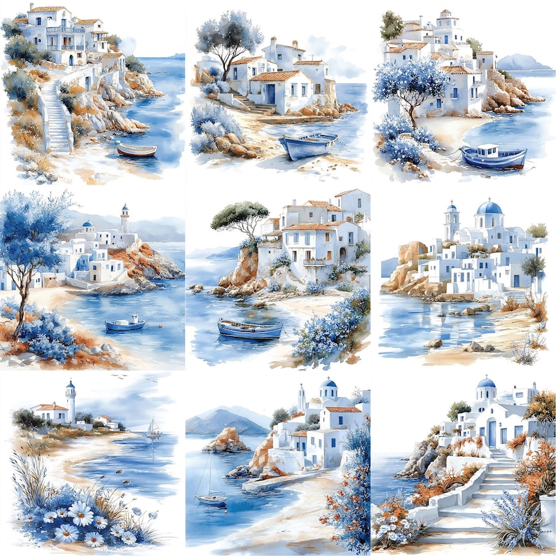 a painting of a bunch of houses on a beach