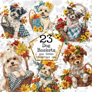 Vintage hond in een mand clipart bundel kleine puppy clipart baby hond PNG Vintage PNG Instant Download papier ambachten ongewenste Journal scrapbooking