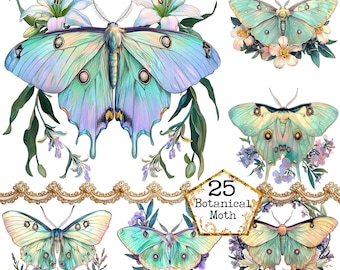 PNG + JPEG Watercolor Botanical Moth Clipart Bundle Spring Clipart Mystical Moths Art Instant Download Paper Craft Junk Journal Scrapbooking