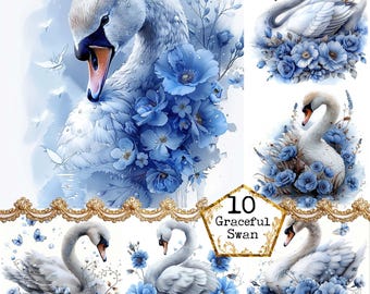 JPEG Watercolor Purple Floral Swan Clipart Bundle Birds Clipart  Animal Clipart Instant Download Paper Crafts Junk Journal Scrapbooking