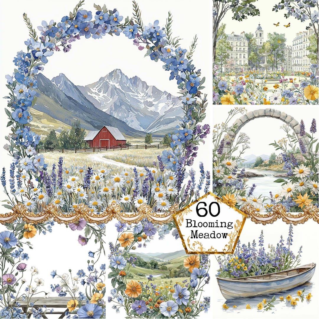 JPEG Watercolor Blooming Meadow Clipart Bundle Spring Flowers Spring ...
