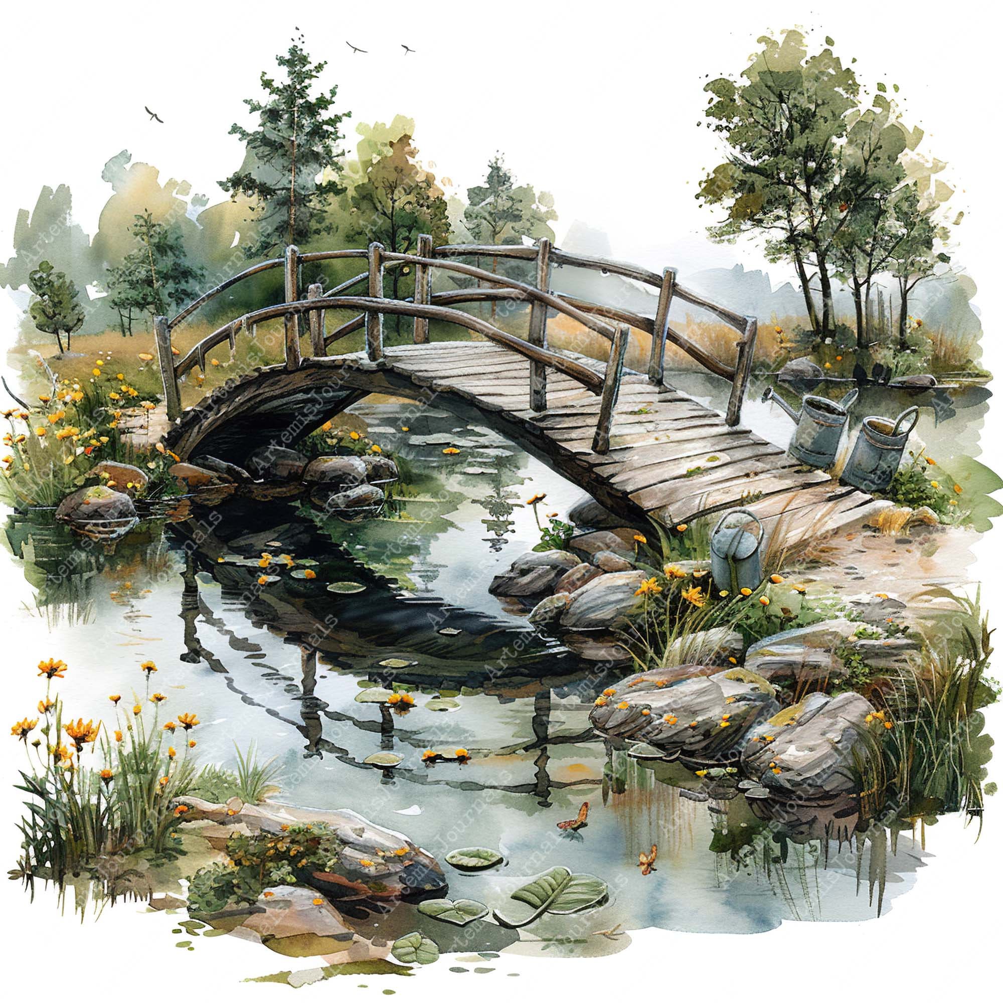 Watercolor Wooden Bridge Over Pond JPEG Scenery Clipart Landscape ...