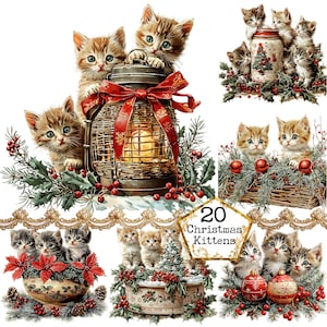 PNG + JPEG Vintage Christmas Kittens Clipart Bundle Słodkie małe koty Dekoracje świąteczne Natychmiastowe pobieranie Papierowe rzemiosło Dziennik śmieci Scrapbooking