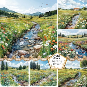 Acuarela Spring River JPEG Naturaleza Clipart Paisaje Clipart Acuarela Paisaje Descarga Instantánea Papel Artesanía Junk Journal Scrapbooking