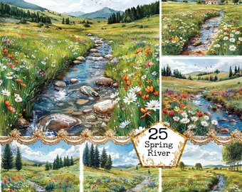 Aquarelle printemps rivière JPEG Nature Clipart paysage aquarelle paysage Clipart téléchargement immédiat Artisanat en papier Journal indésirable Scrapbooking