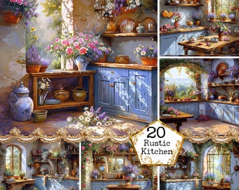 Shabby Chic Rustic Floral Kitchen Clipart Bundle Watercolor JPGs Old Kitchen Cottage Instant Download Paper Crafts Junk Journal Scrapbooking